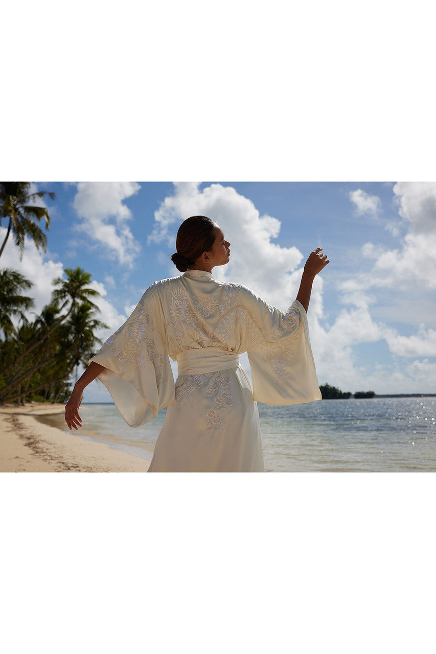 Buy Key Essentials Embroidered Silk Robe in Warm White Online Warm White