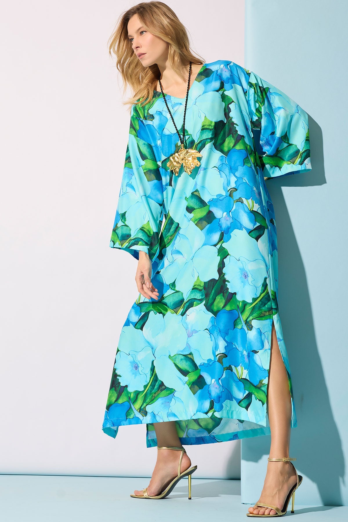 Isla Printed Satin Caftan Blue