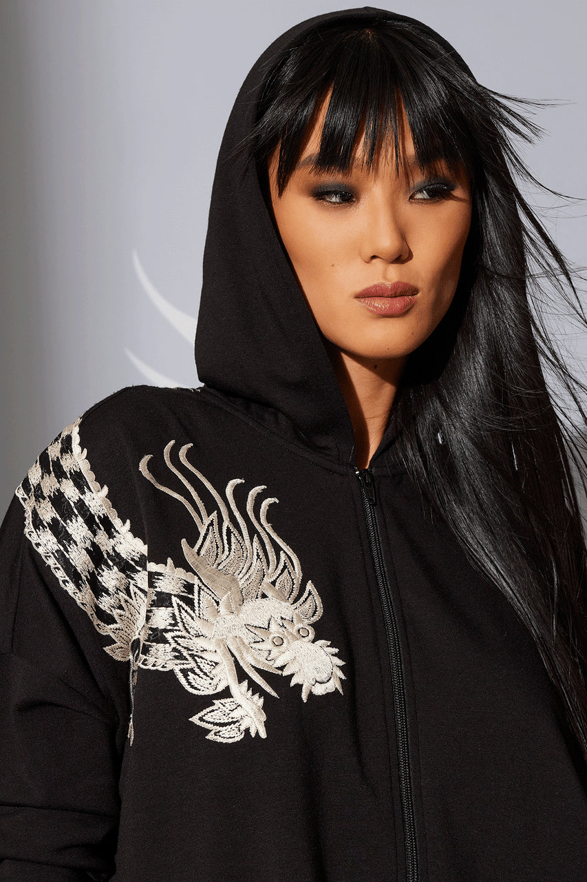 Buy Cocoon Dragon Embroidered Hoodie in Black Online Black