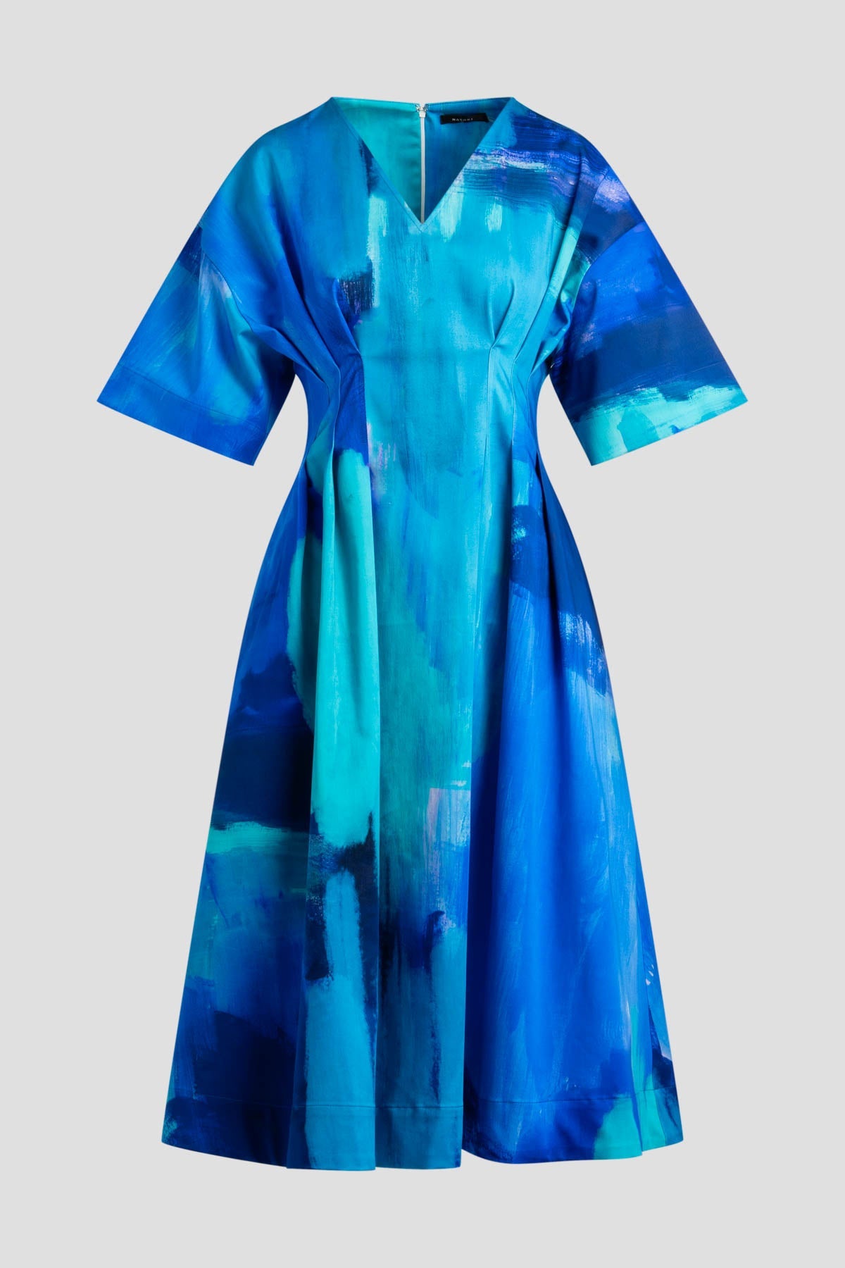 Brushstroke Cotton Chino V-Neck Pleat Release Dress Blue