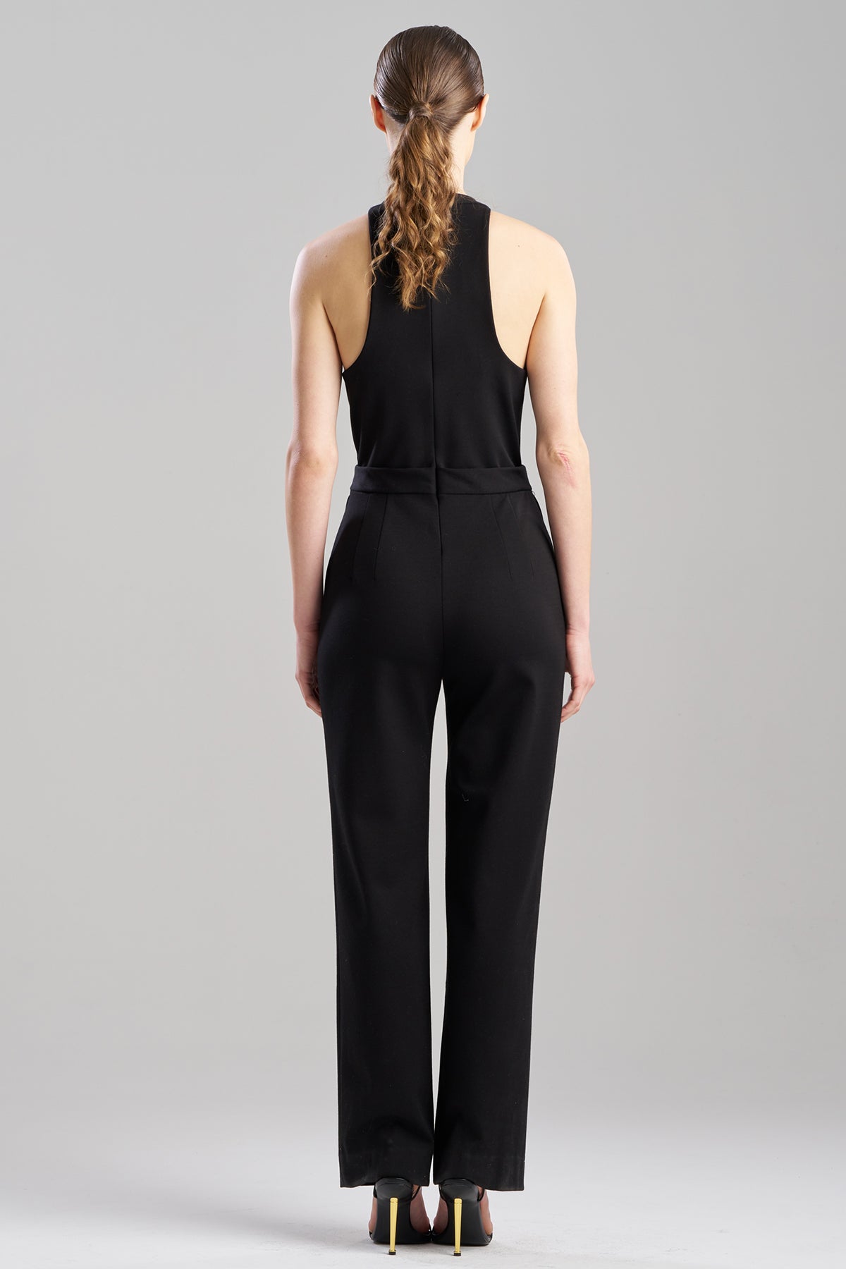 Double Knit Belted V-Neck Jumpsuit Black