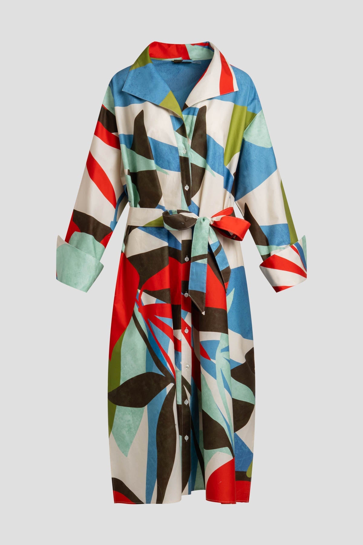 Abstract Palm Cotton Poplin Oversized Button Down Shirtdress Multi