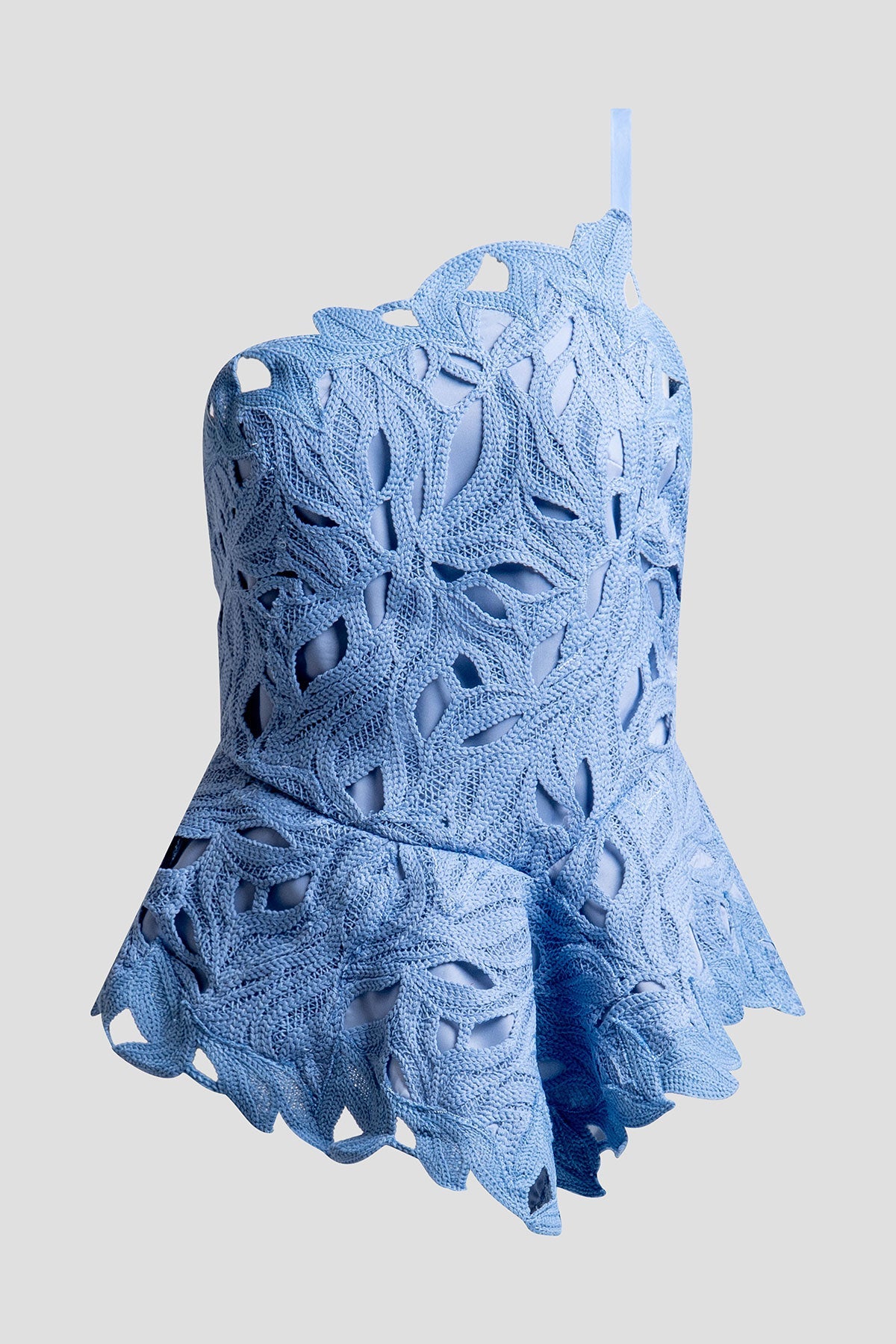 Cutout Leaf Lace Asymmetric Halter Top Blue Iris