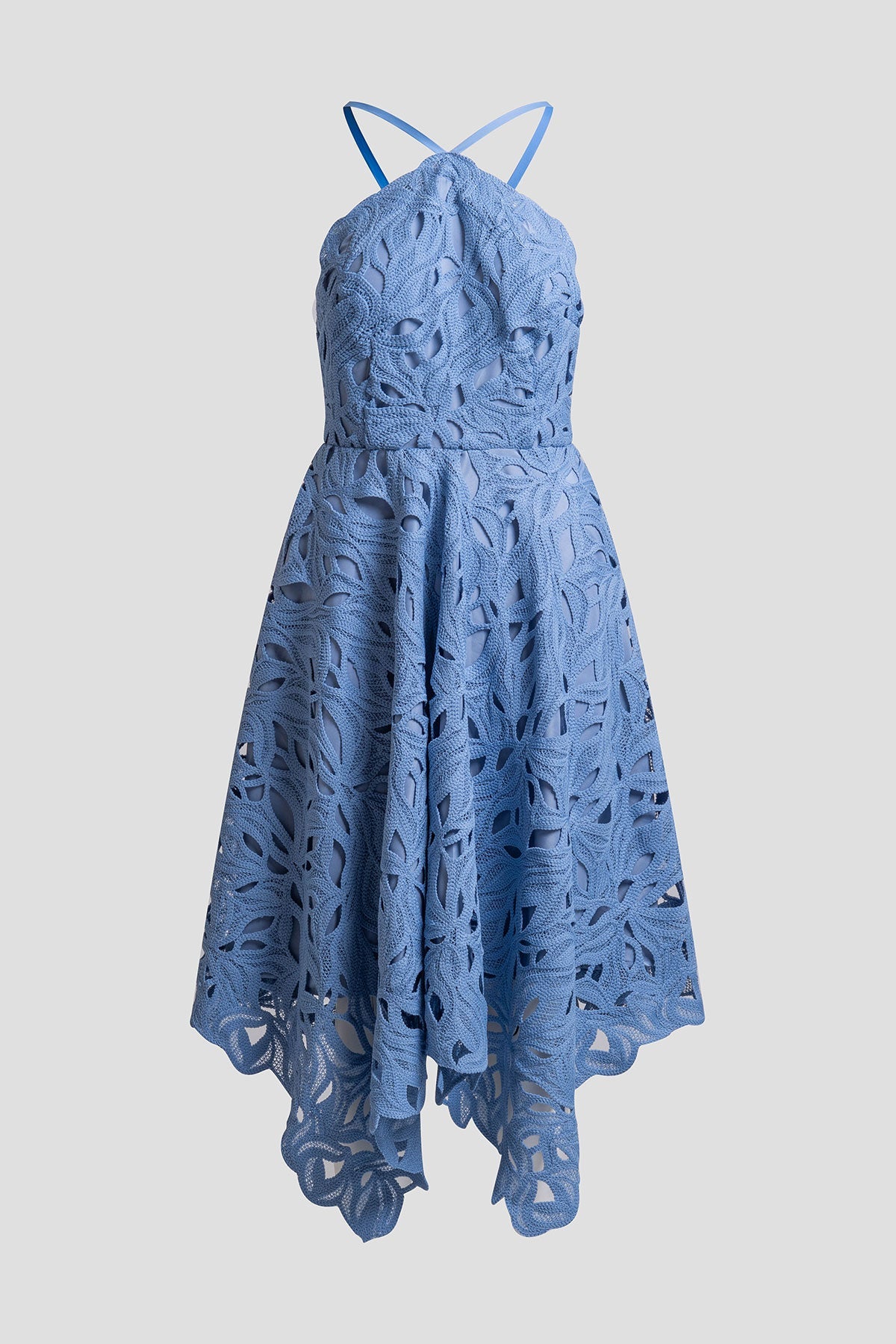 Cutout Leaf Lace Halter Dress Blue Iris