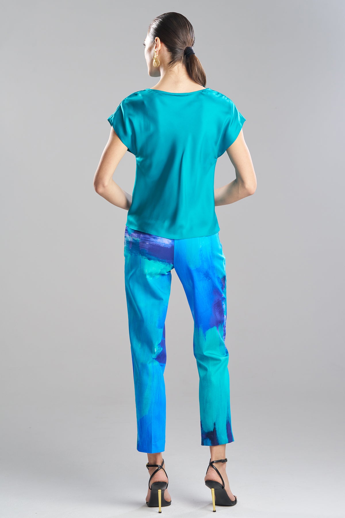 Solid Silk Twill Drape Neck Cap Sleeve Top Rich Turquoise