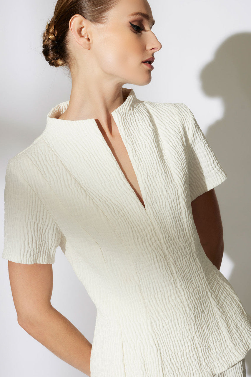 Buy Textured Cotton Jacquard Pleated Top in White Online White