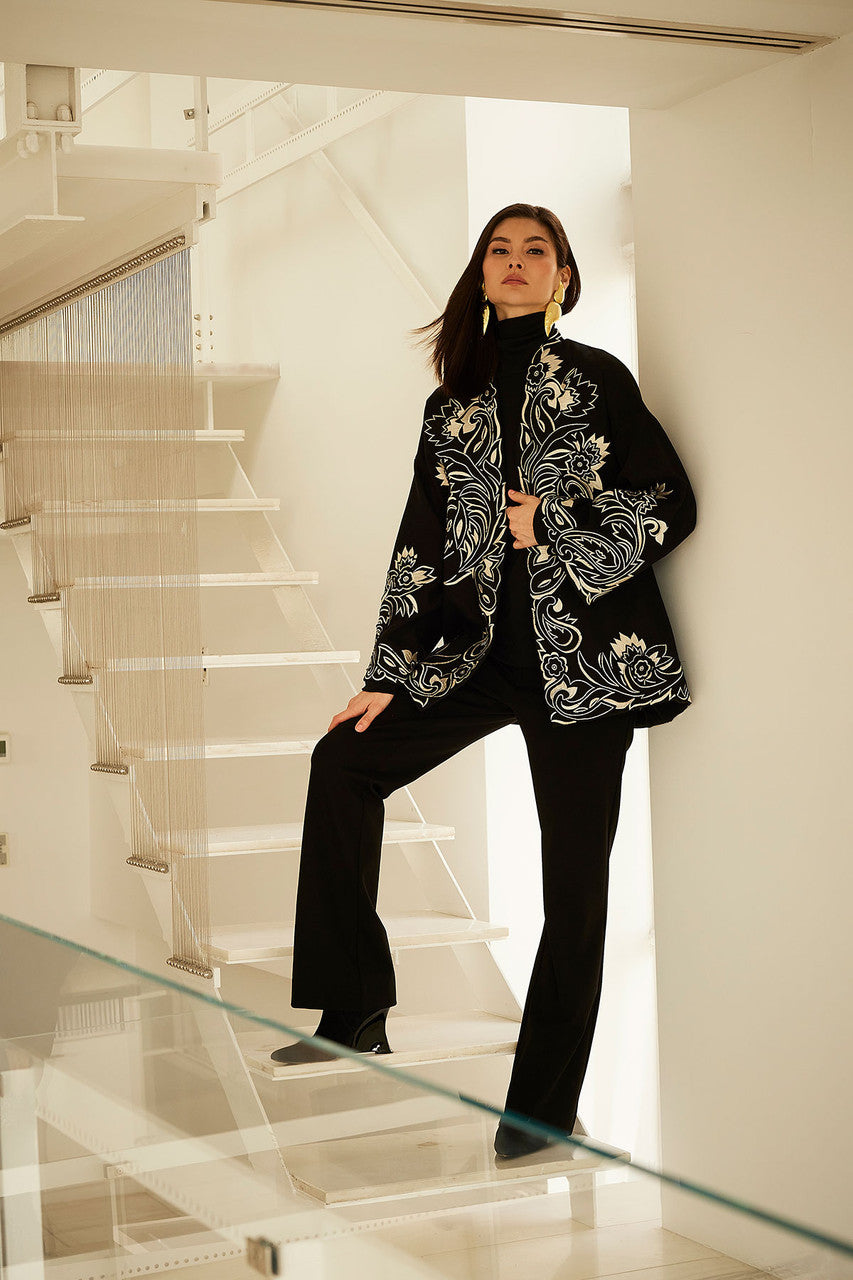 Buy Felt Embroidered Coat in Black Online Black
