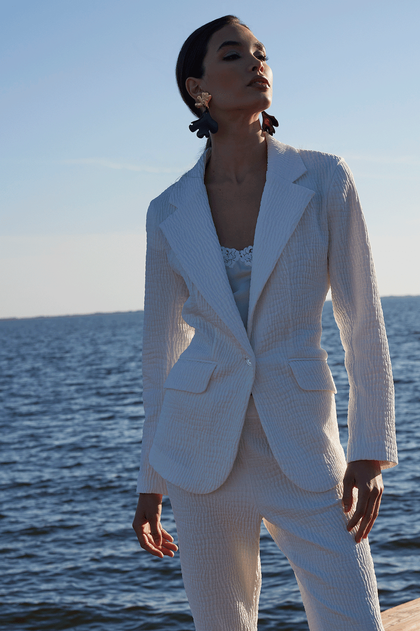 Buy Textured Cotton Jacquard Jacket in White Online White