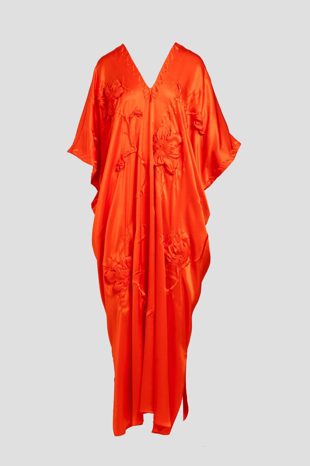Couture Mokuren Embroidered Silk Caftan Blood Orange