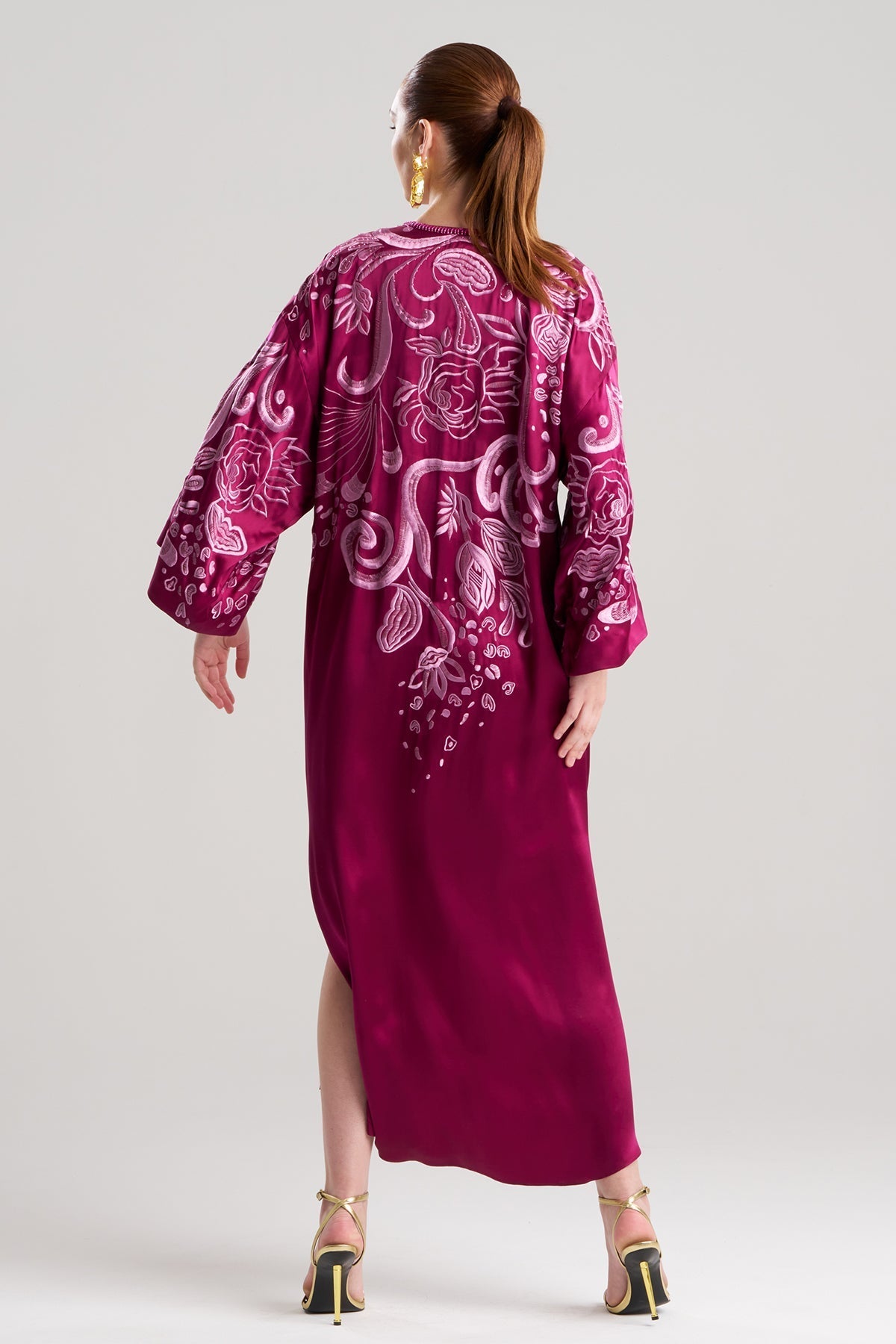 Couture Nouveau Embellished Silk Caftan Deep Garnet