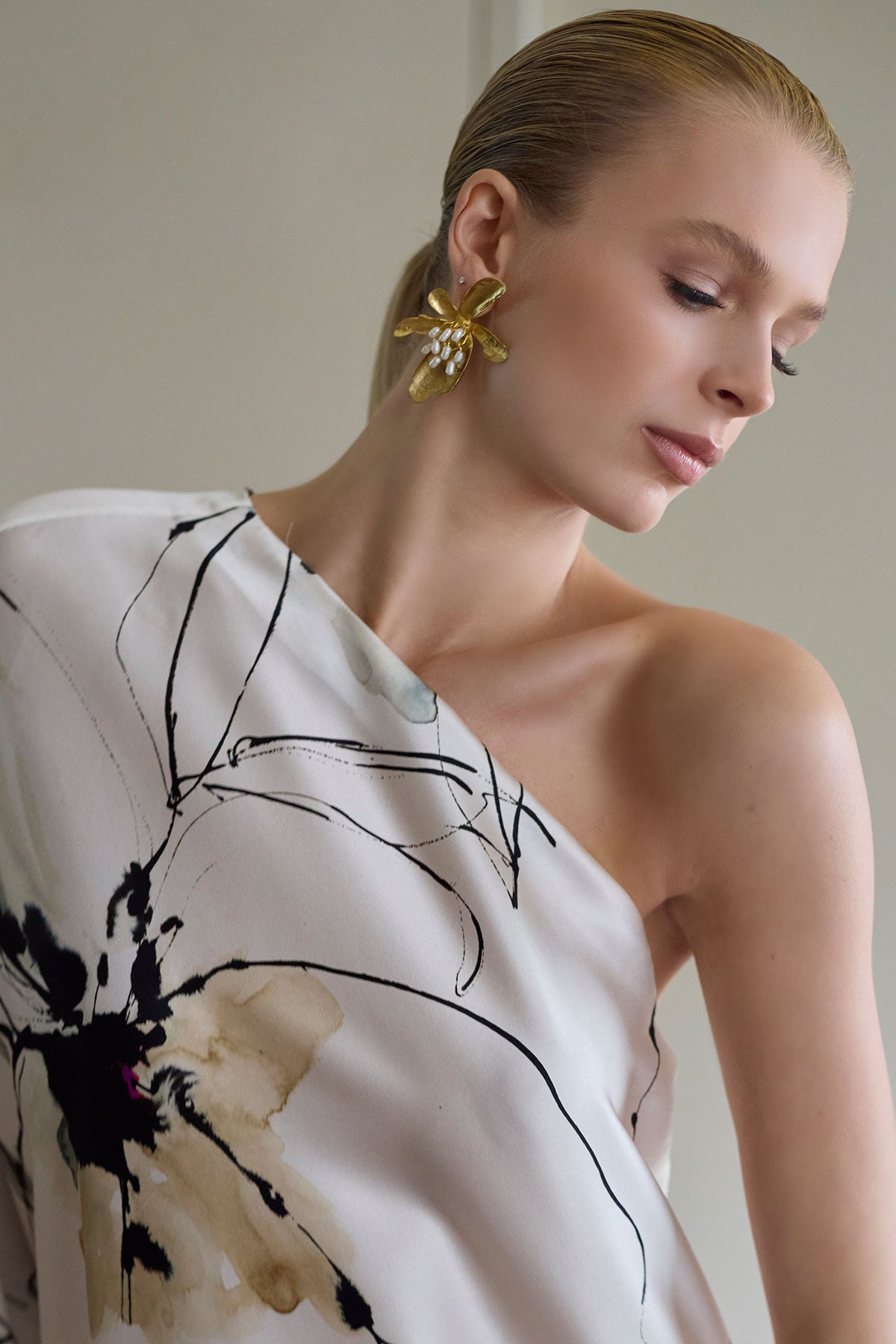 Yumi One Shoulder Silk Caftan Warm White