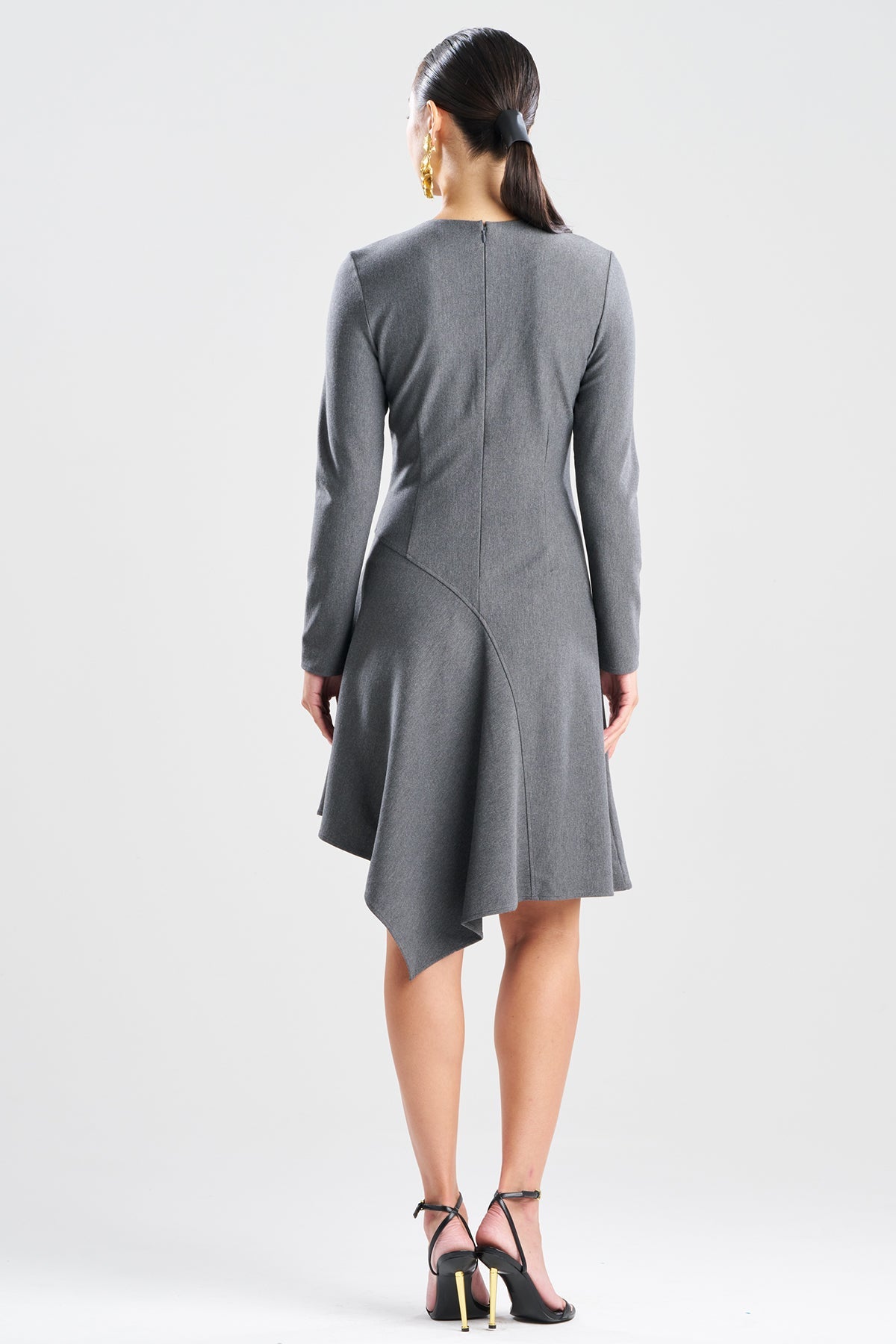 Compact Knit Asymmetric Long Sleeve Dress Dark Grey Heather
