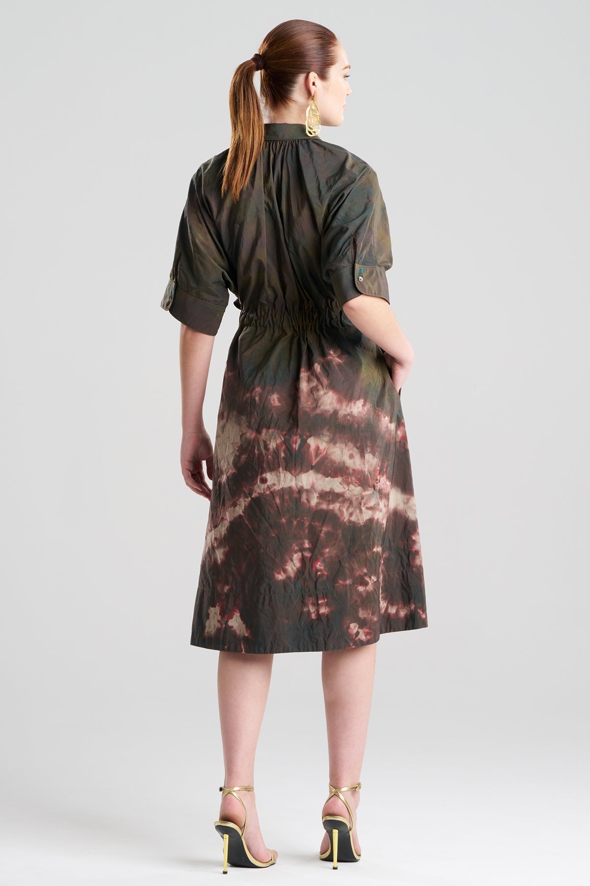 Niji Tie Dye Taffeta Belted Shirtdress Green