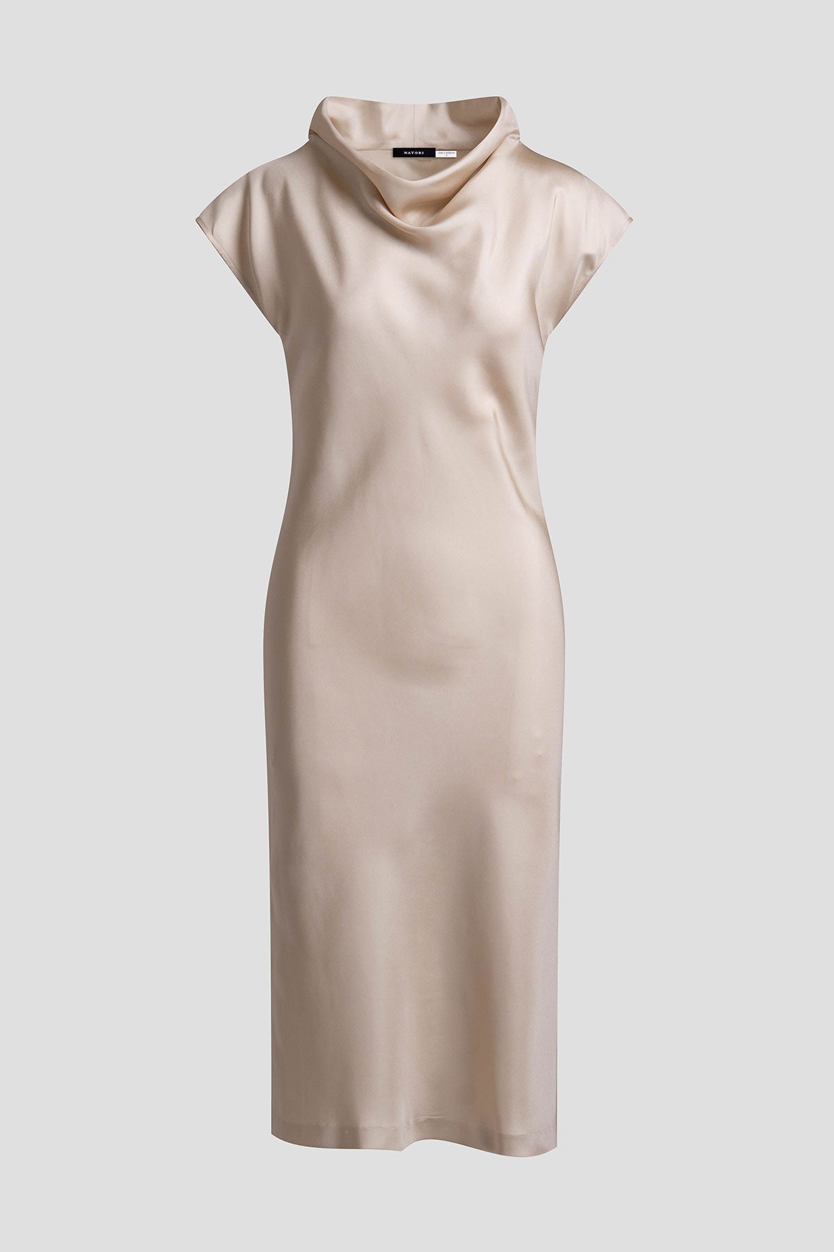 Solid Silk Twill Cowl Neck Sheath Dress Bone