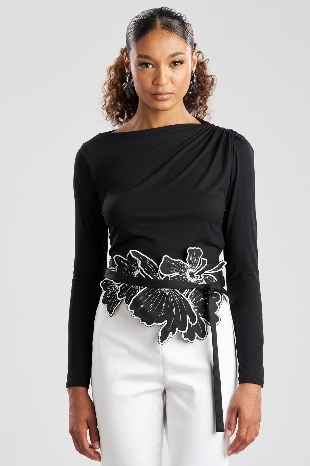 Cotton Chino Embroidered Floral Obi Belt Black