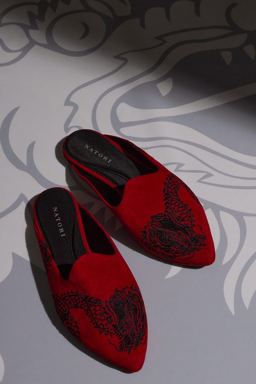 Buy Image Suede Dragon Embroidery Slide in Brocade Red Suede Online Brocade Red Suede