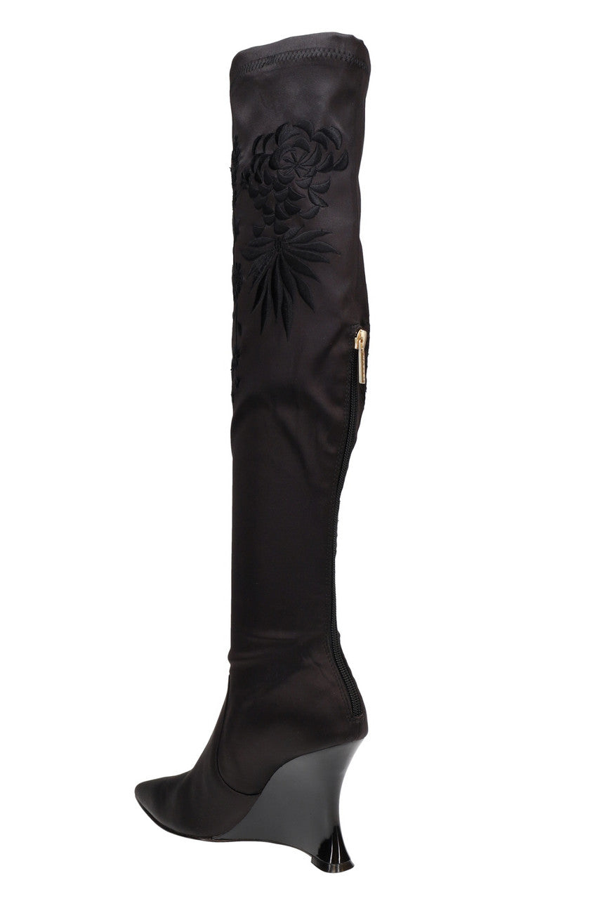Buy Natsu Satin Embroidered Dragon Stretch Over the Knee Boot in Black Online Black
