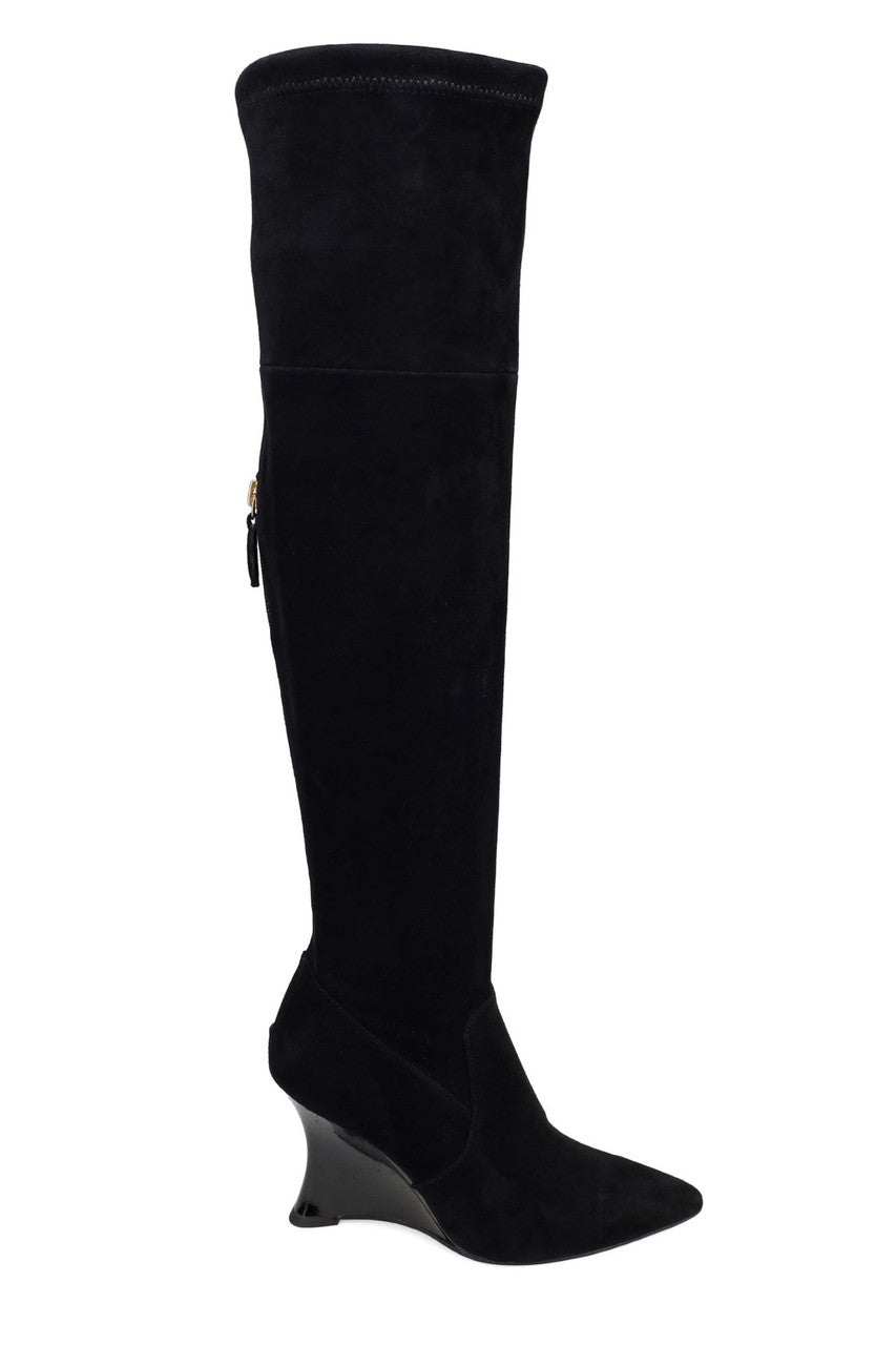 Buy Natsu Stretch Suede Over the Knee Wedge Boot in Black Online Black