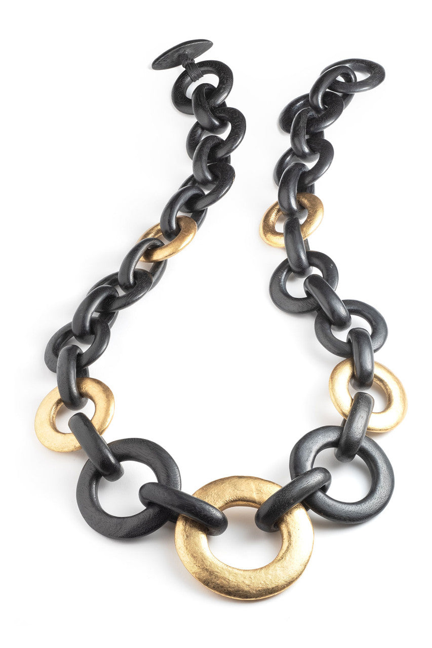 Buy Acacia Wood and Gold Plated Circle Chain Link Necklace in Black/Gold Online Black/Gold