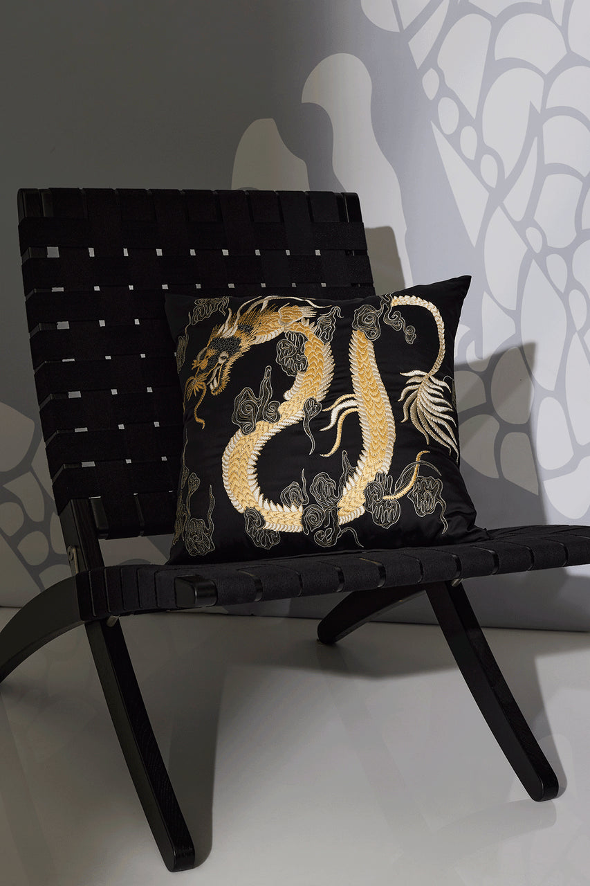 Buy Luxe Charm Dragon Embroidered Pillow in Black Online Black