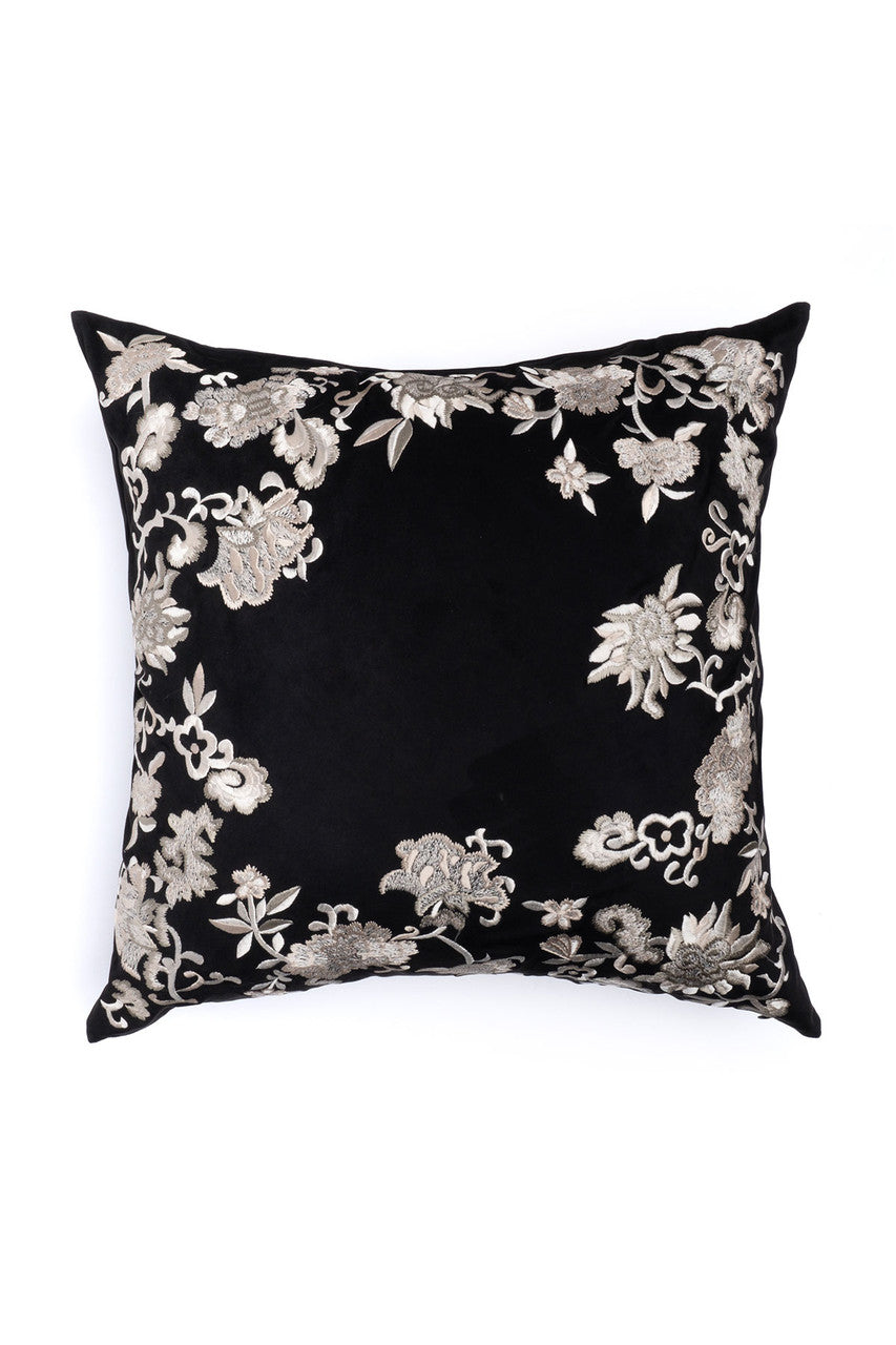 Buy Faux Suede Mandarin Embroidered Trim Pillow in Black Online Black