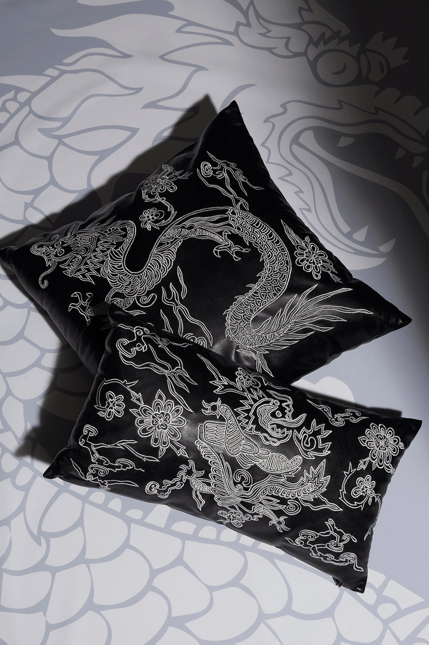 Buy Vegan Luxe Leather Mandarin Embroidered Dragon Oblong Pillow in Black Online Black
