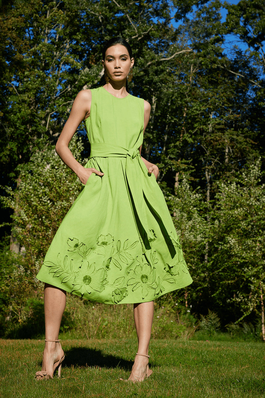 Buy Linen Embroidered Fit & Flare Dress in Pear Online Pear