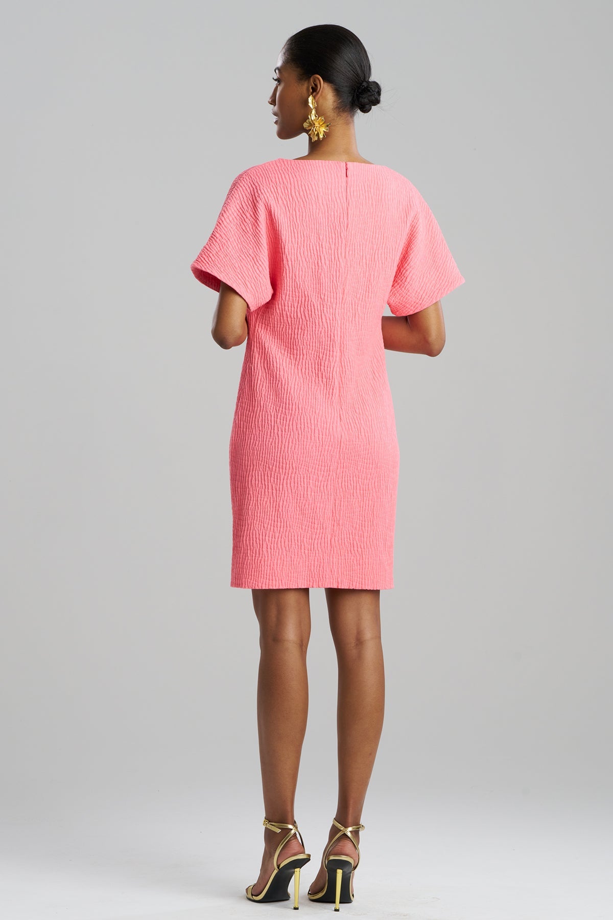 Textured Cotton Jacquard Short Sleeve Sheath Dress Flamingo Pink