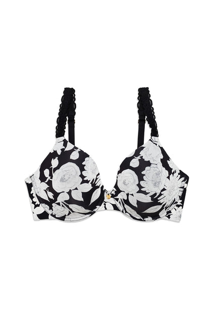 Pure Luxe Custom Coverage Contour Underwire Bra Black Garden Rose Print