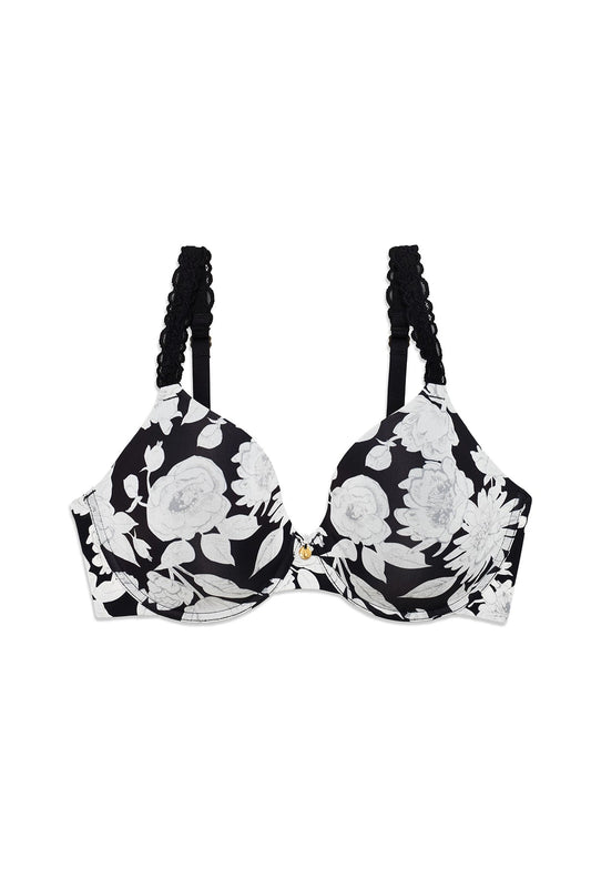 Pure Luxe Custom Coverage Contour Underwire Bra Black Garden Rose Print