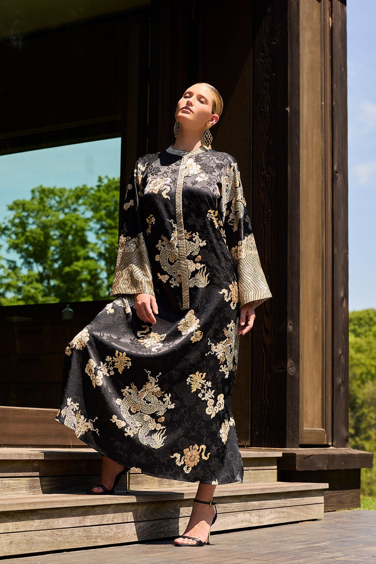 Buy Imperial Dragon Jacquard Zip Caftan in Black Online Black