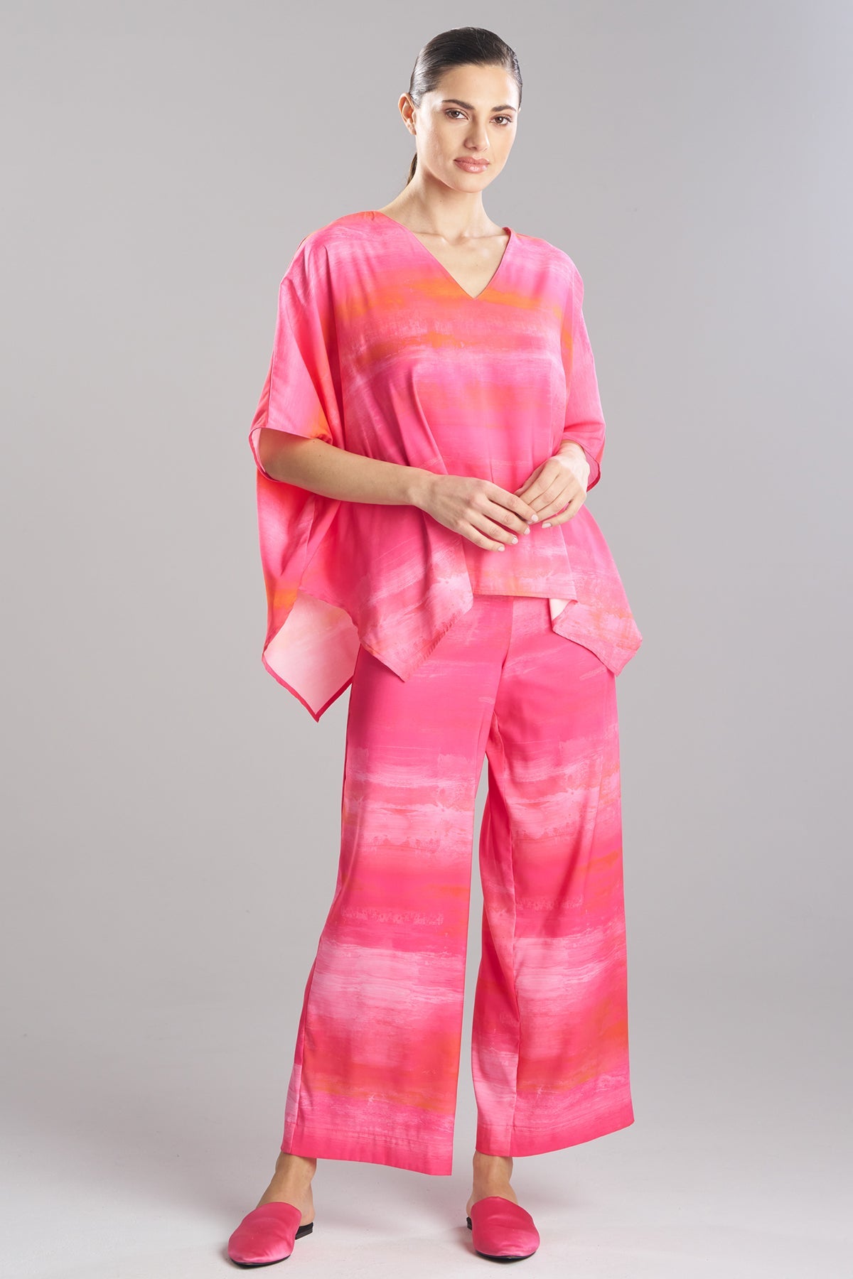 Aurora Printed Satin Caftan Top Pink Poppy