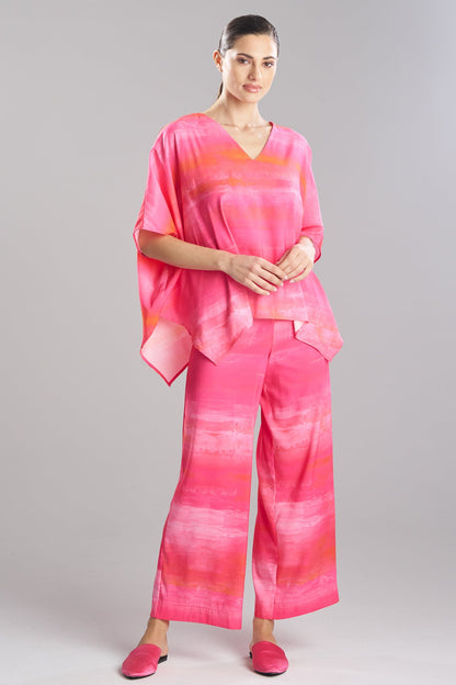 Aurora Printed Satin Caftan Top Pink Poppy
