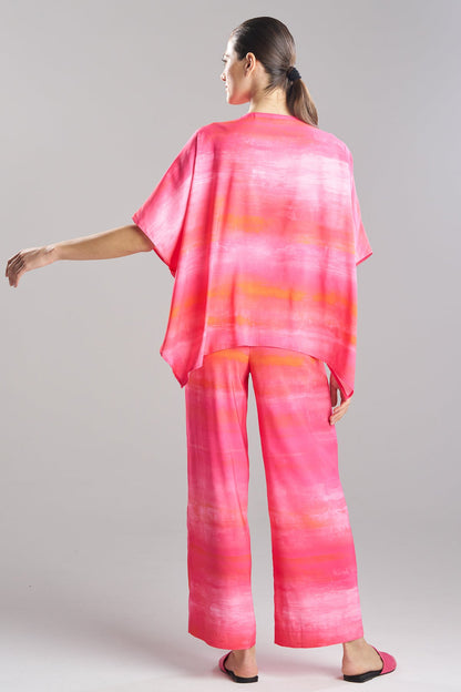 Aurora Printed Satin Caftan Top Pink Poppy
