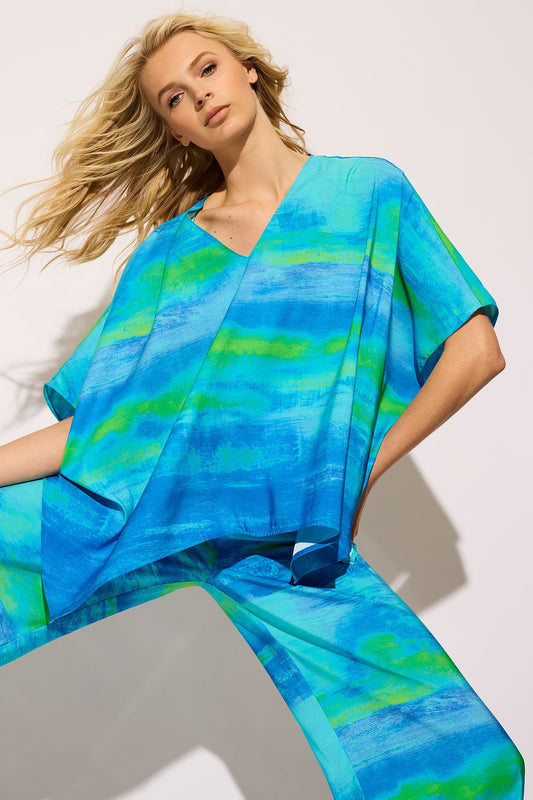 Aurora Printed Satin Caftan Top Azure