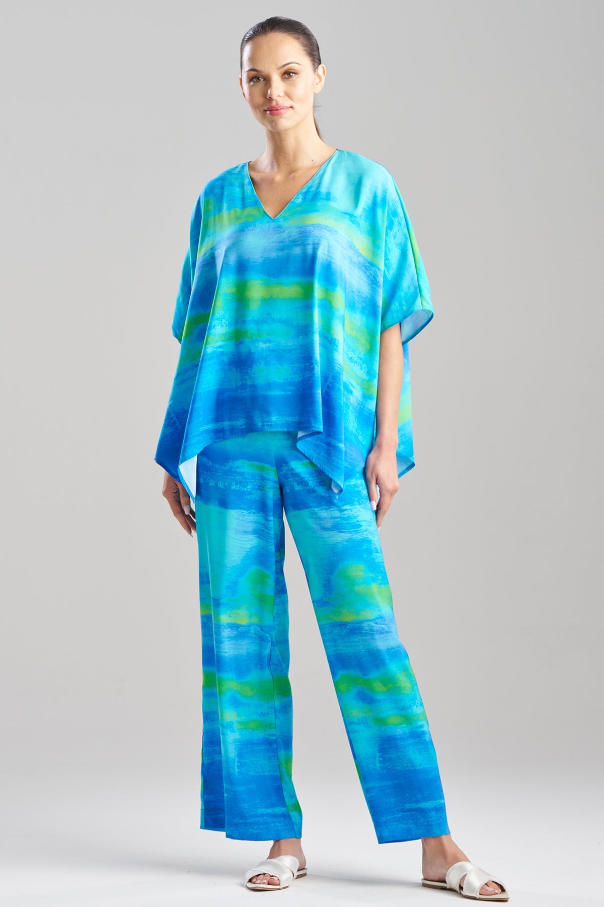 Aurora Printed Satin Caftan Top Azure