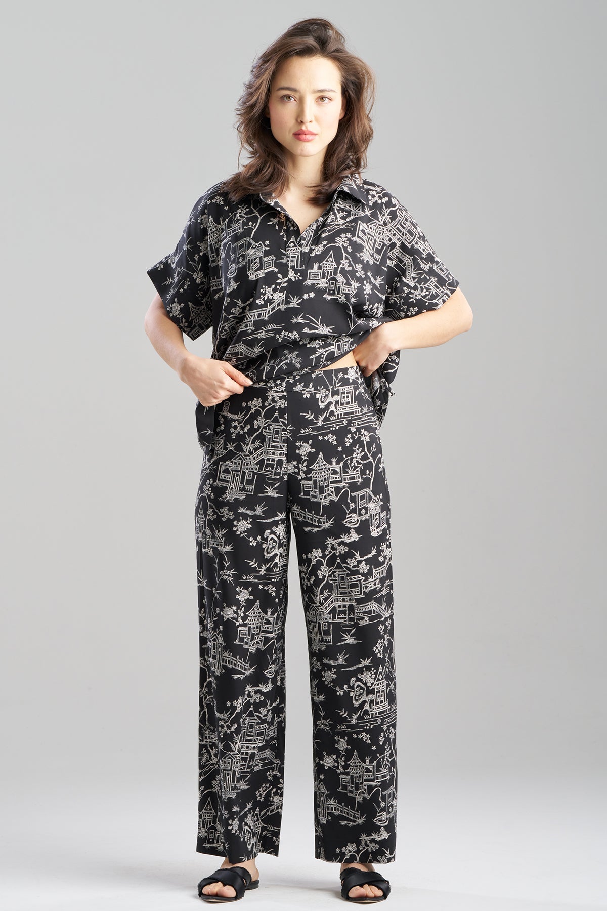 Toile Printed Satin Pants Black