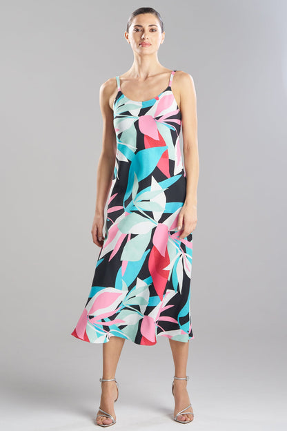 Abstract Palm Printed Satin Slip Dress Multi