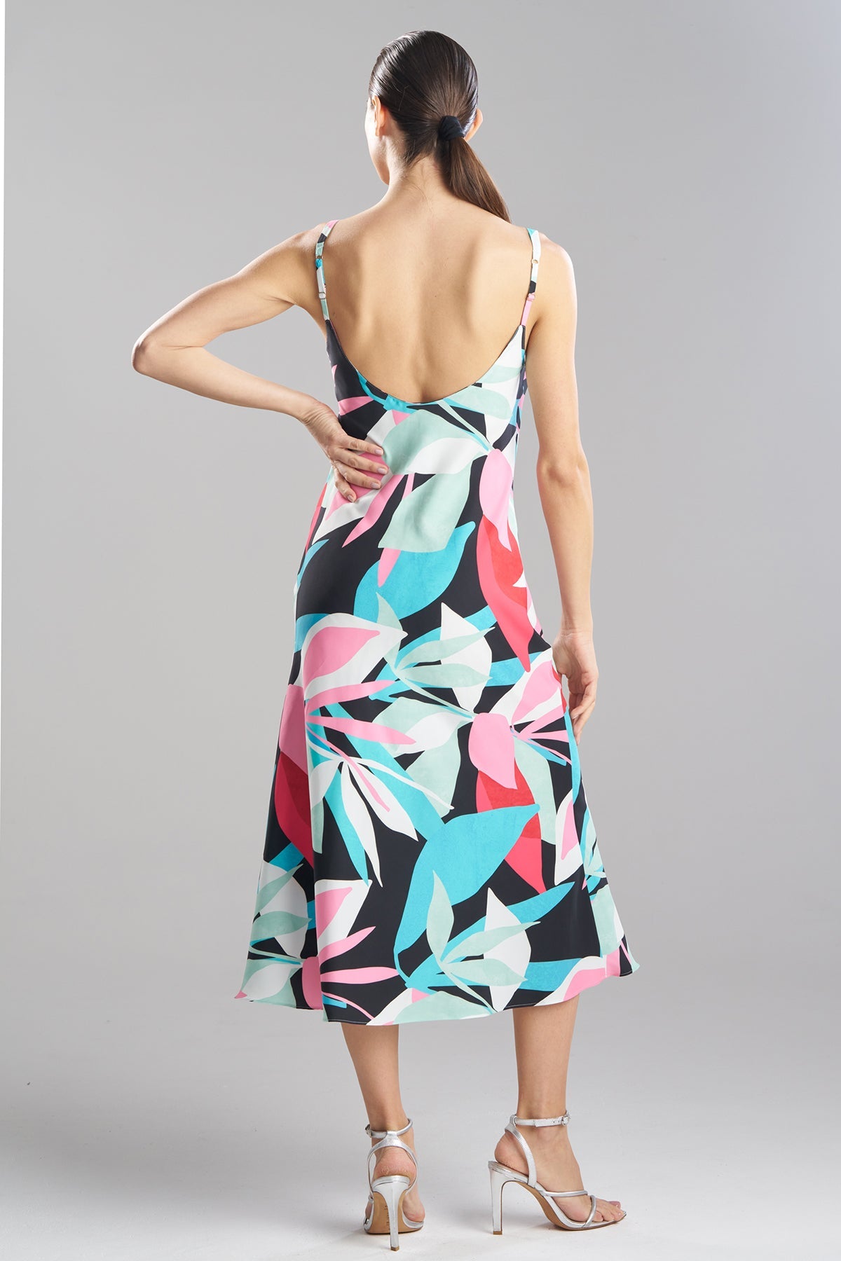 Abstract Palm Printed Satin Slip Dress Multi