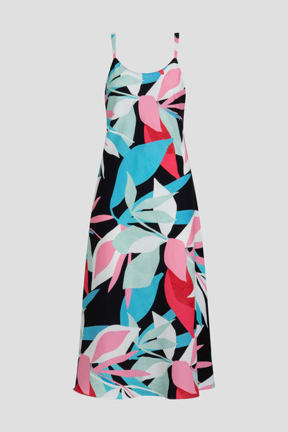 Abstract Palm Printed Satin Slip Dress Multi