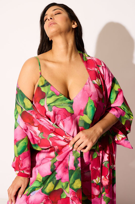 Isla Printed Satin Robe Pink