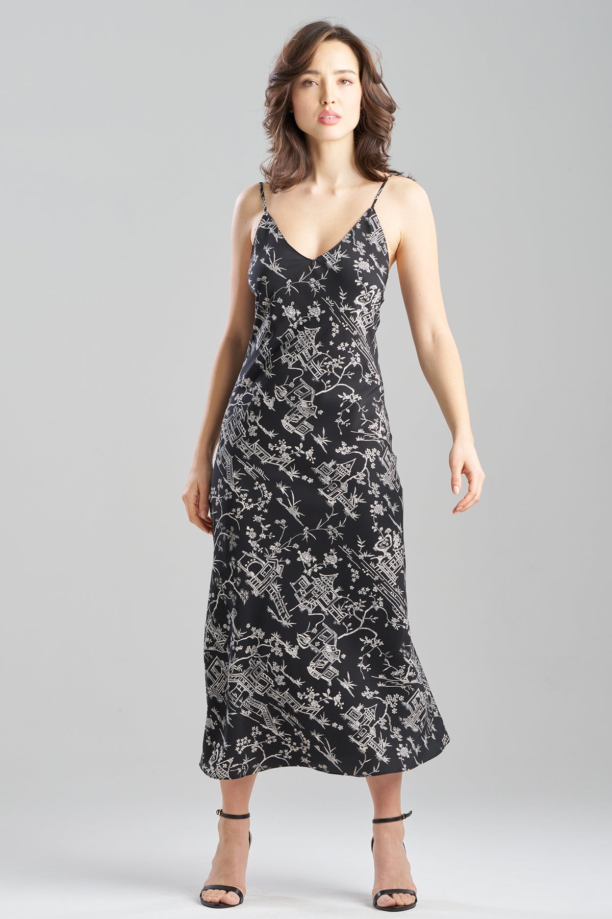Toile Printed Satin Slip Dress Black