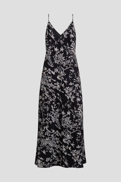 Toile Printed Satin Slip Dress Black