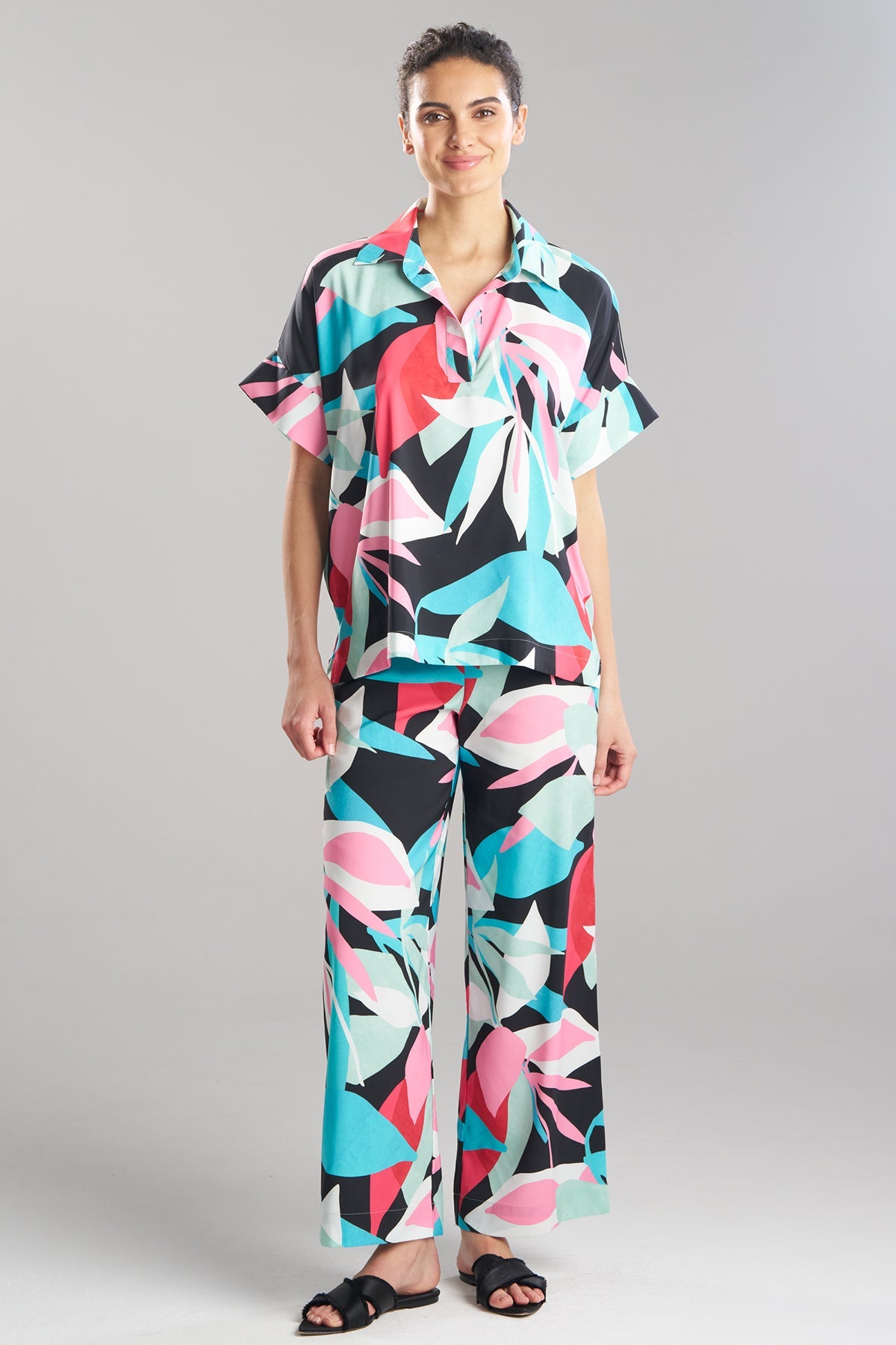 Abstract Palm Printed Satin Top Multi