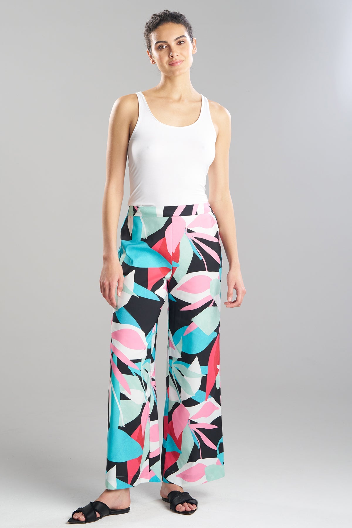 Abstract Palm Printed Satin Pants Multi