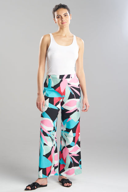 Abstract Palm Printed Satin Pants Multi