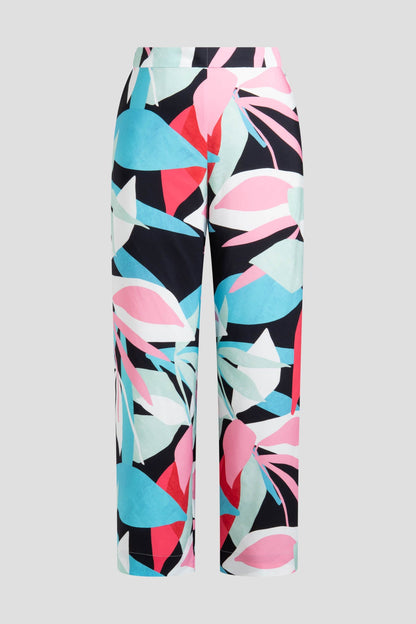 Abstract Palm Printed Satin Pants Multi