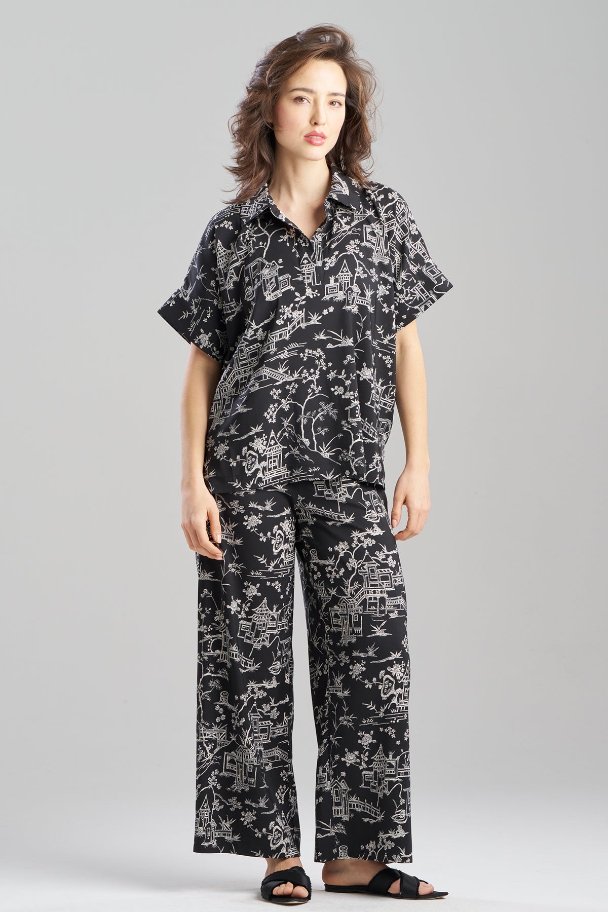 Toile Printed Satin Top Black