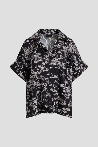Toile Printed Satin Top Black