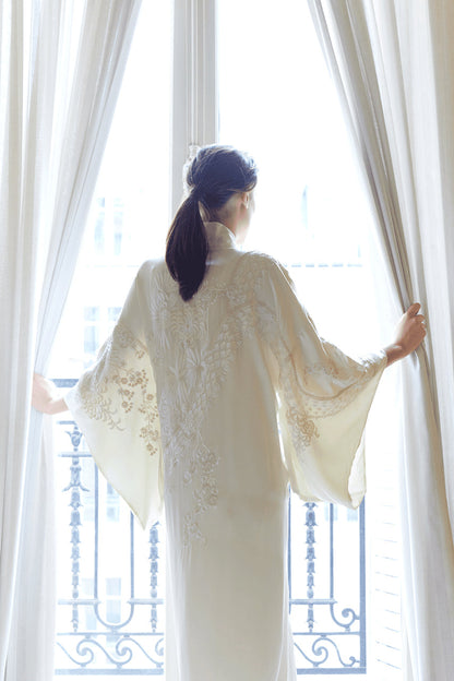 Buy Key Essentials Embroidered Silk Robe in Warm White Online Warm White